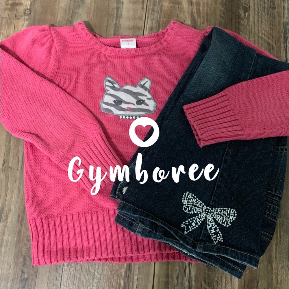Gymboree bow jeans & kitty sweater